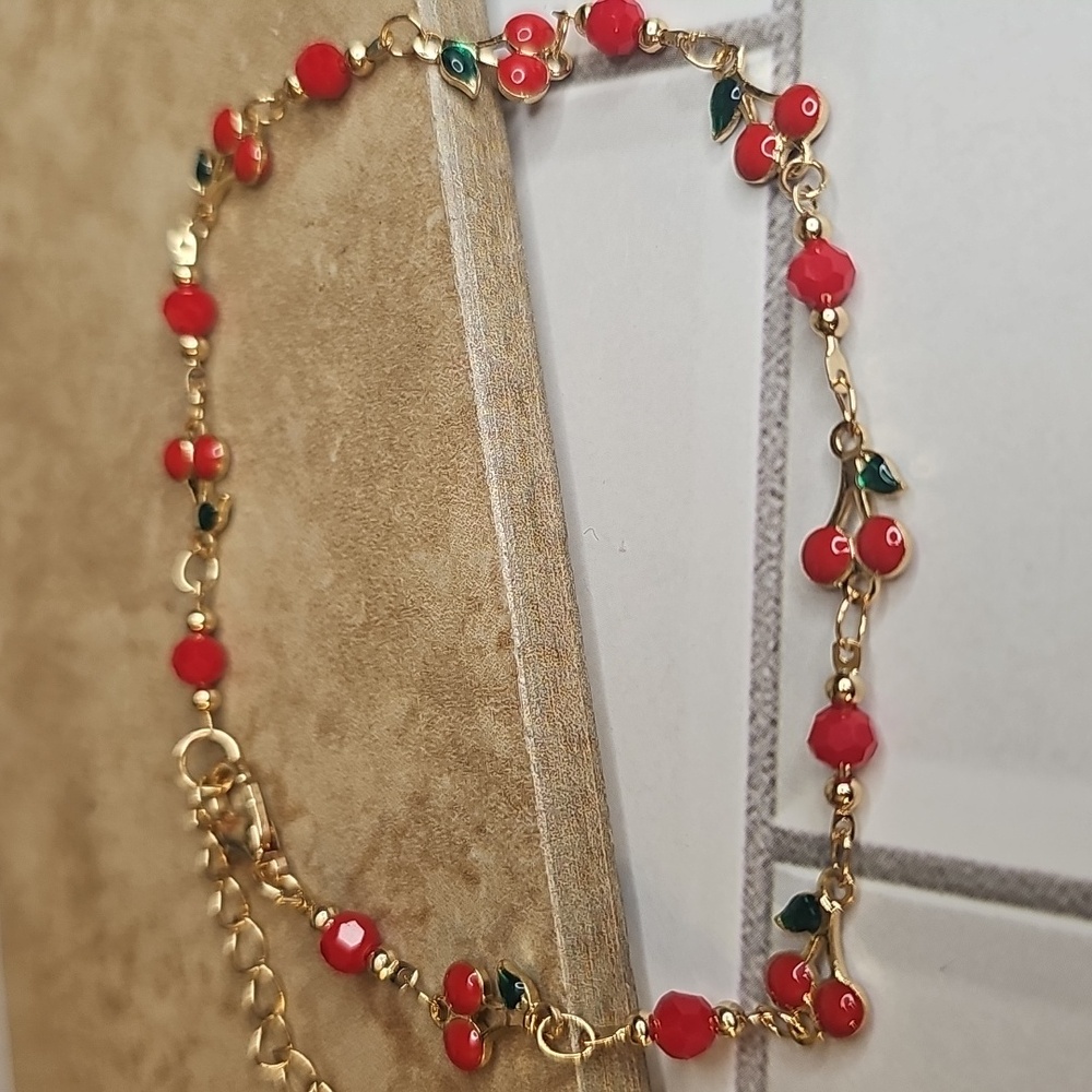 Elegant Gold and Red Cherry Beaded Anklet - Picture 2 of 3